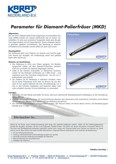 Parameter für Diamant-Polierfräser (MKD) - Karat