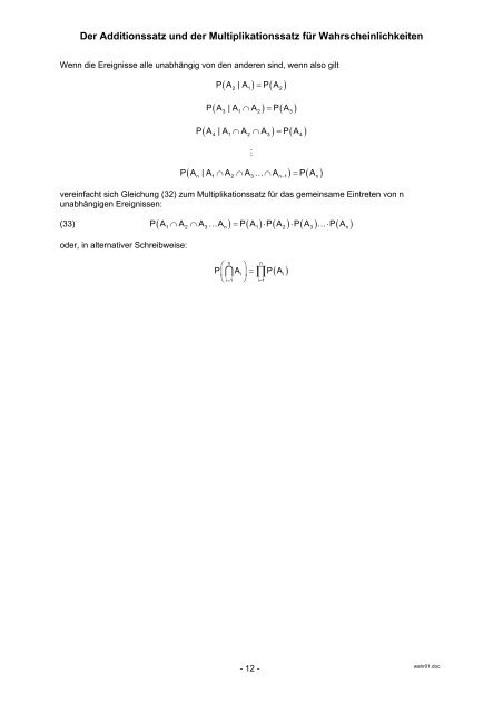 Der Additionssatz und der Multiplikationssatz für Wahrscheinlichkeiten