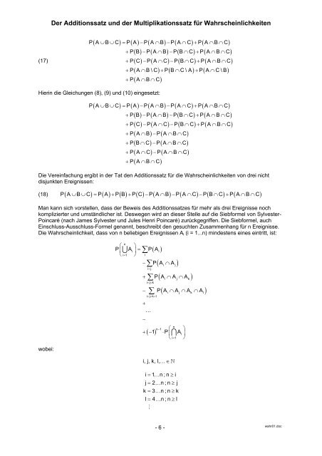 Der Additionssatz und der Multiplikationssatz für Wahrscheinlichkeiten