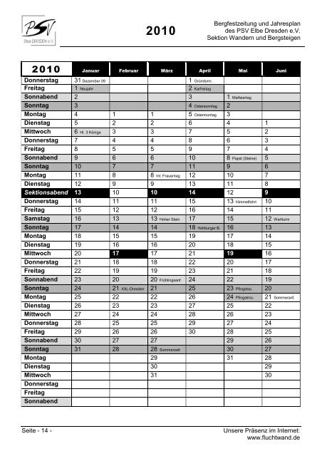 Jahresplan 2010 - PSV Elbe Dresden eV -Sektion Wandern und ...