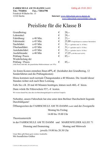 Preisliste zum Drucken als PDF - Fahrschule am Te-Damm GmbH