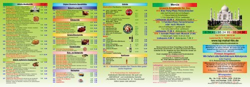 Menüs Unsere Angebote für Sie - Restaurant Taj Mahal