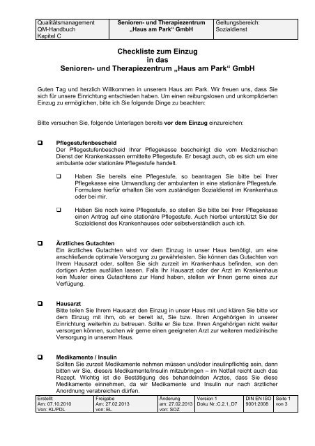 Checkliste Zum Einzug In Das Senioren Haus Am Park