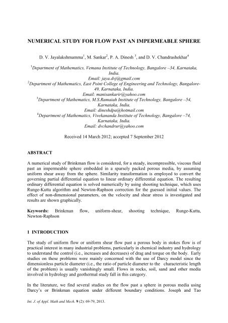 numerical study for flow past an impermeable sphere - IJAMM