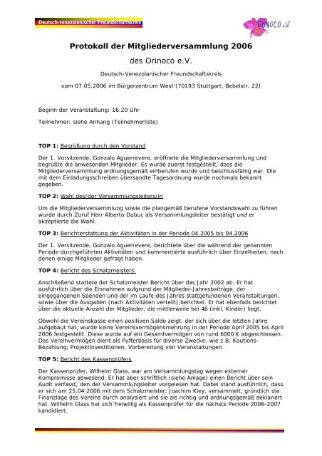 Protokoll der Mitgliederversammlung 2006 des Orinoco e.V.