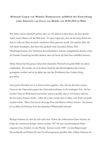 Dankesrede Helmuth Caspar von Moltkes (PDF) - Freya von Moltke ...