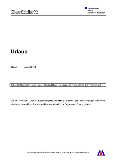Merkblatt "Urlaub" - Bundesverband Metall