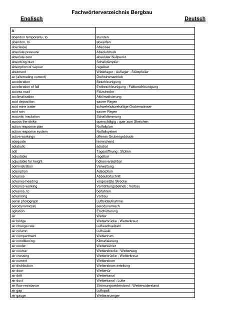Englisch Fachworterverzeichnis Bergbau Deutsch