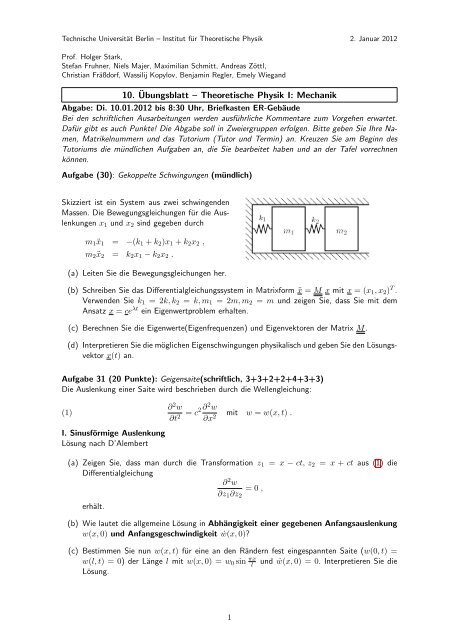 10. Übungsblatt – Theoretische Physik I: Mechanik - Institut für ...