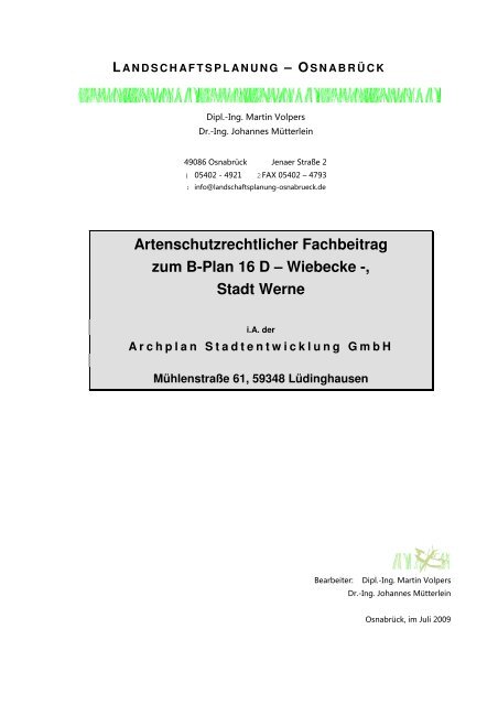 Entwurf Artenschutzbeitrag B-Plan Wiebecke - O-sp.de