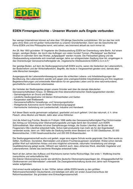 EDEN Firmengeschichte – Unseren Wurzeln aufs Engste verbunden