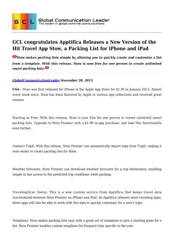 GCL congratulates Apptifica Releases a New Version of the Hit Travel App Stow, a Packing List for iPhone and iPad.pdf