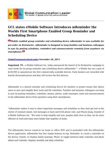 GCL states eMobile Software Introduces mReminder the Worlds First Smartphone 