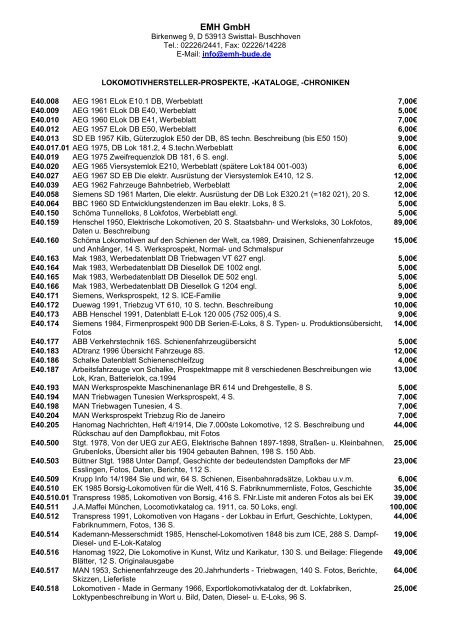 Lokomotivhersteller-Prospekte, -Kataloge, -Chroniken - EMH Bude