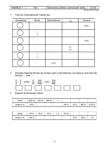 Test Gebrochene Zahlen unterschiedl. darst. - Schule Brugg