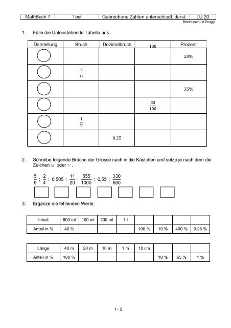 Test Gebrochene Zahlen unterschiedl. darst. - Schule Brugg