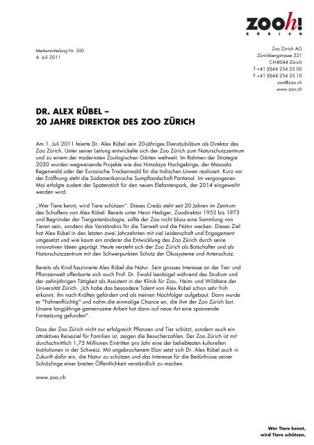 DR. ALEX RÜBEL – 20 JAHRE DIREKTOR DES ZOO ZÜRICH