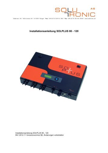 Installationsanleitung SOLPLUS 80 - 120 - Solutronic AG