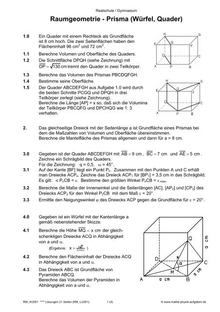 Raumgeometrie - Prisma (Würfel, Quader) - Mathe-Physik-Aufgaben