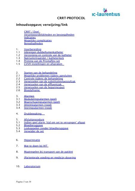 CRRT-PROTOCOL Inhoudsopgave; verwijzing/link - Dit is het web ...