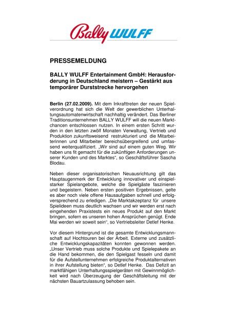 Pressetext herunterladen als .pdf - Bally Wulff Entertainment GmbH