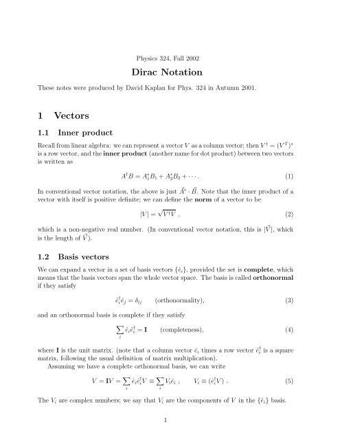 Dirac Notation 1 Vectors