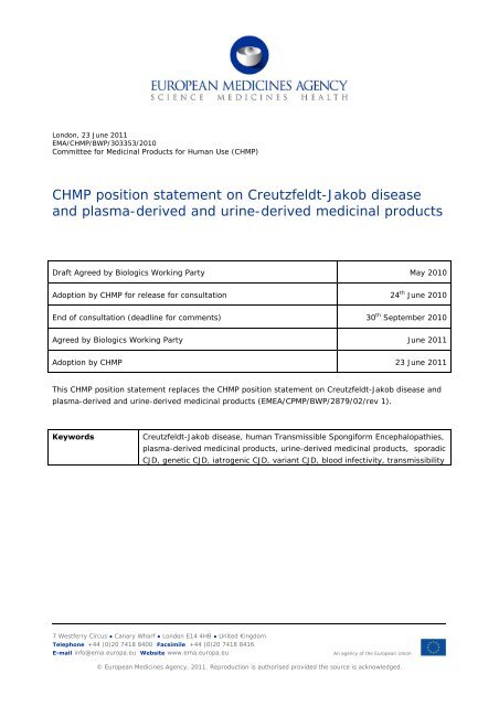 CHMP position statement on Creutzfeldt-Jakob disease and plasma ...