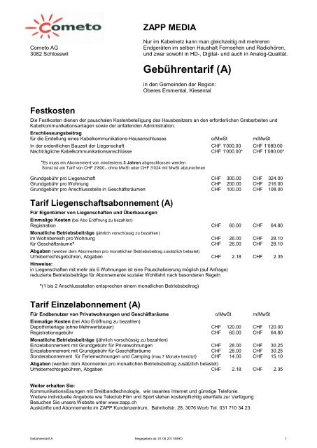 Gebührentarif (A) - Medianet Schlosswil