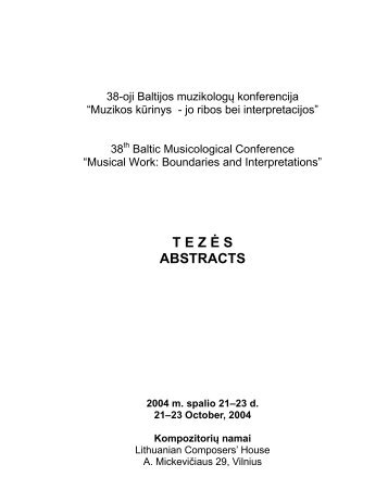 38-oji Baltijos muzikologų konferencija - Lietuvos Kompozitorių ...