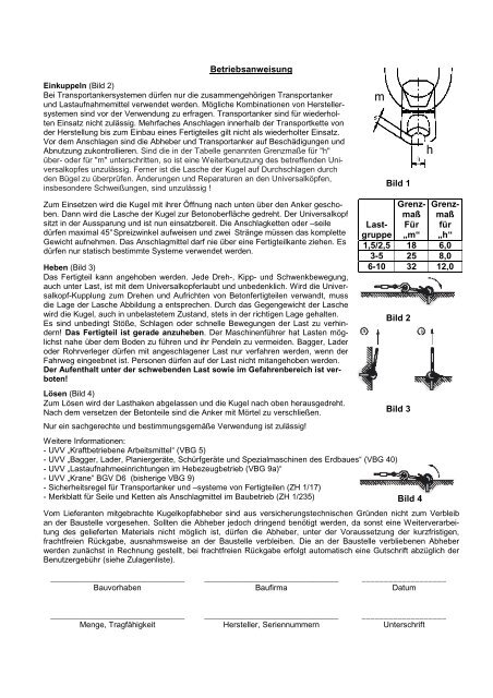 Betriebsanweisung Transportanker - Beton Tille GmbH