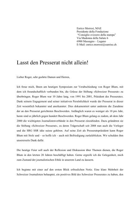 Referat von Enrico Morresi, Journalist, Präsident des Stiftungsrates