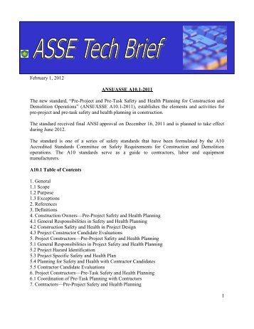 1 February 1, 2012 ANSI/ASSE A10.1-2011 The new standard, “Pre ...