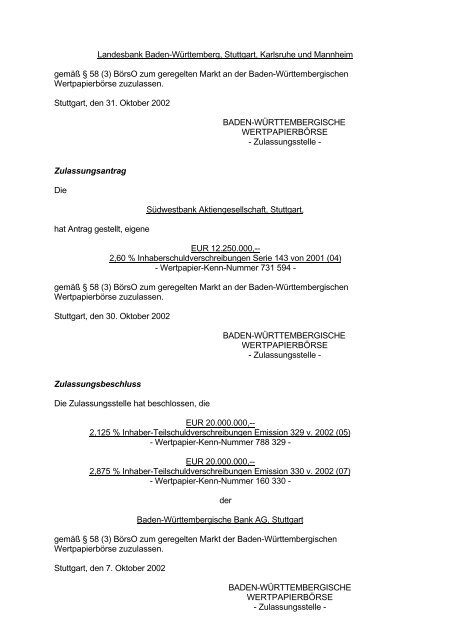 Anlage zum Kursblatt vom 31. Oktober 2002 der ... - Börse Stuttgart