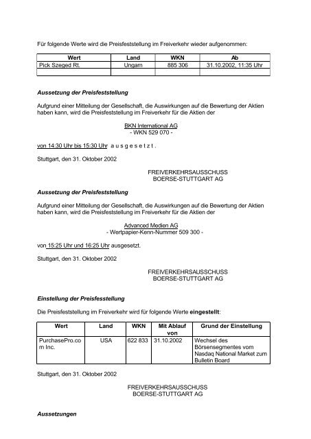 Anlage zum Kursblatt vom 31. Oktober 2002 der ... - Börse Stuttgart