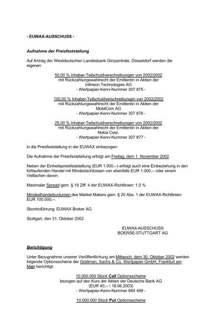 Anlage zum Kursblatt vom 31. Oktober 2002 der ... - Börse Stuttgart