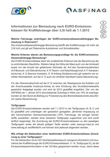 Informationen zur Bemautung nach EURO-Emissions- klassen für ...