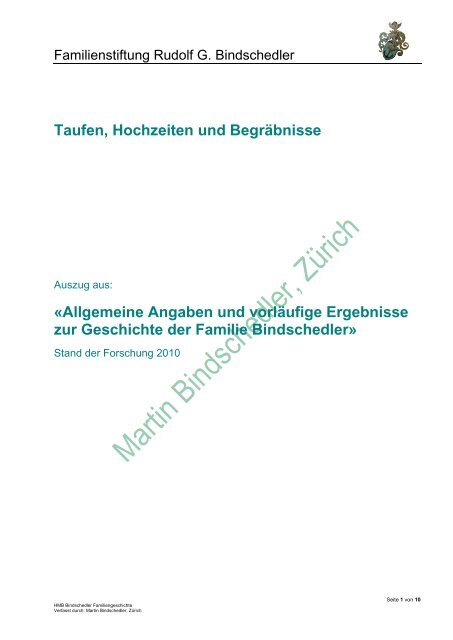 Taufen, Hochzeiten und Begräbnisse - Bindschedler