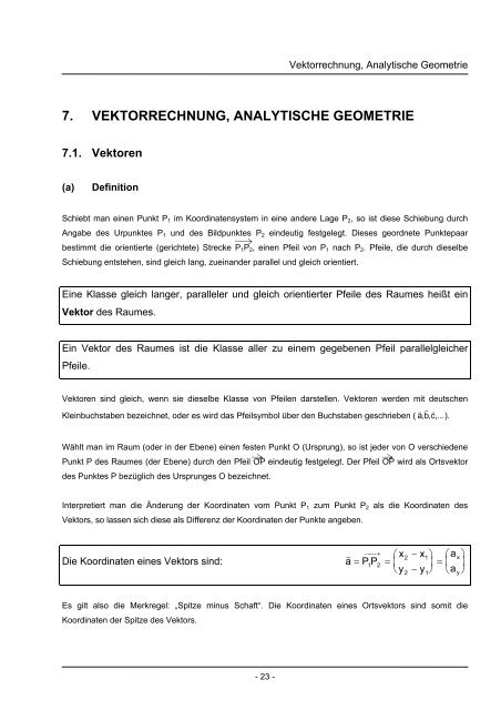 7. VEKTORRECHNUNG, ANALYTISCHE GEOMETRIE - Mathe Online
