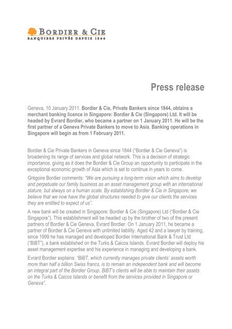 Press release - Bordier & Cie