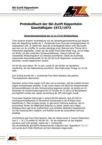 Protokollbuch Geschäftsjahr 1972/1973 - Ski-Zunft Kippenheim