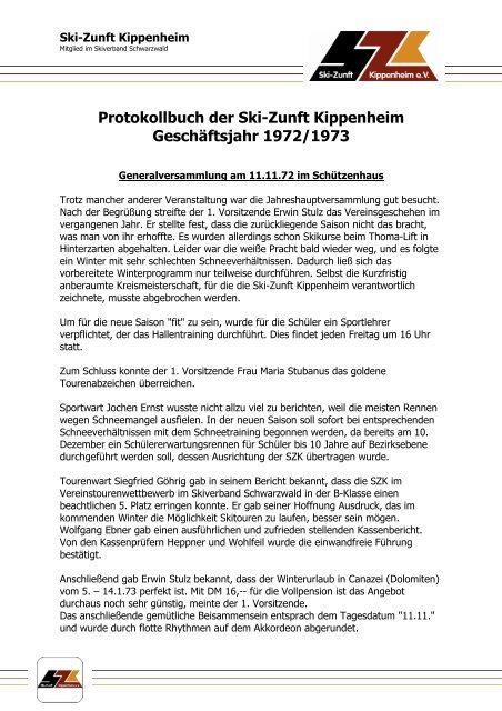 Protokollbuch Geschäftsjahr 1972/1973 - Ski-Zunft Kippenheim