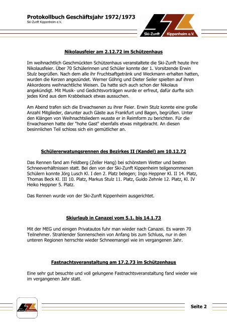 Protokollbuch Geschäftsjahr 1972/1973 - Ski-Zunft Kippenheim