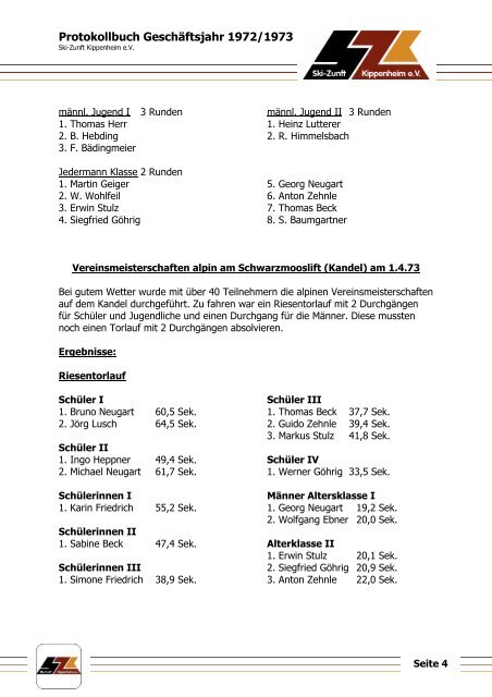 Protokollbuch Geschäftsjahr 1972/1973 - Ski-Zunft Kippenheim