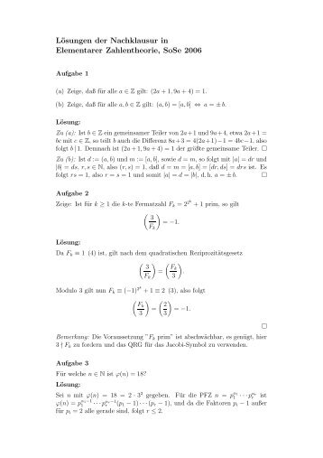 Lösungen der Nachklausur in Elementarer Zahlentheorie, SoSe 2006