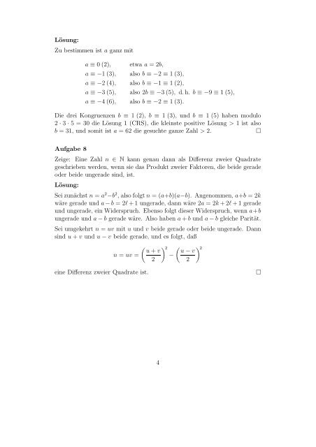 Lösungen der Nachklausur in Elementarer Zahlentheorie, SoSe 2006