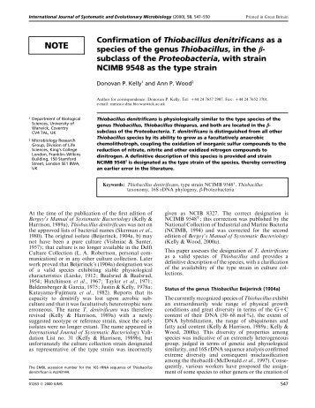 Confirmation of Thiobacillus denitrificans as a species of the genus ...