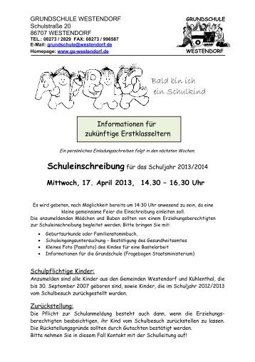 1. Einschreibung für das Schuljahr 2013-14 - Grundschule Westendorf