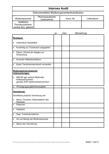 Internes Audit Thrombozytenkonzentrat (2009) - Transfusionspraxis