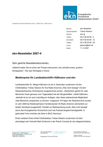 Evangelischer Kirchenfunk Niedersachsen GmbH – Postfach 38 49 –