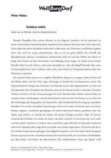 Péter Nádas Goldene Adele - Burgtheater